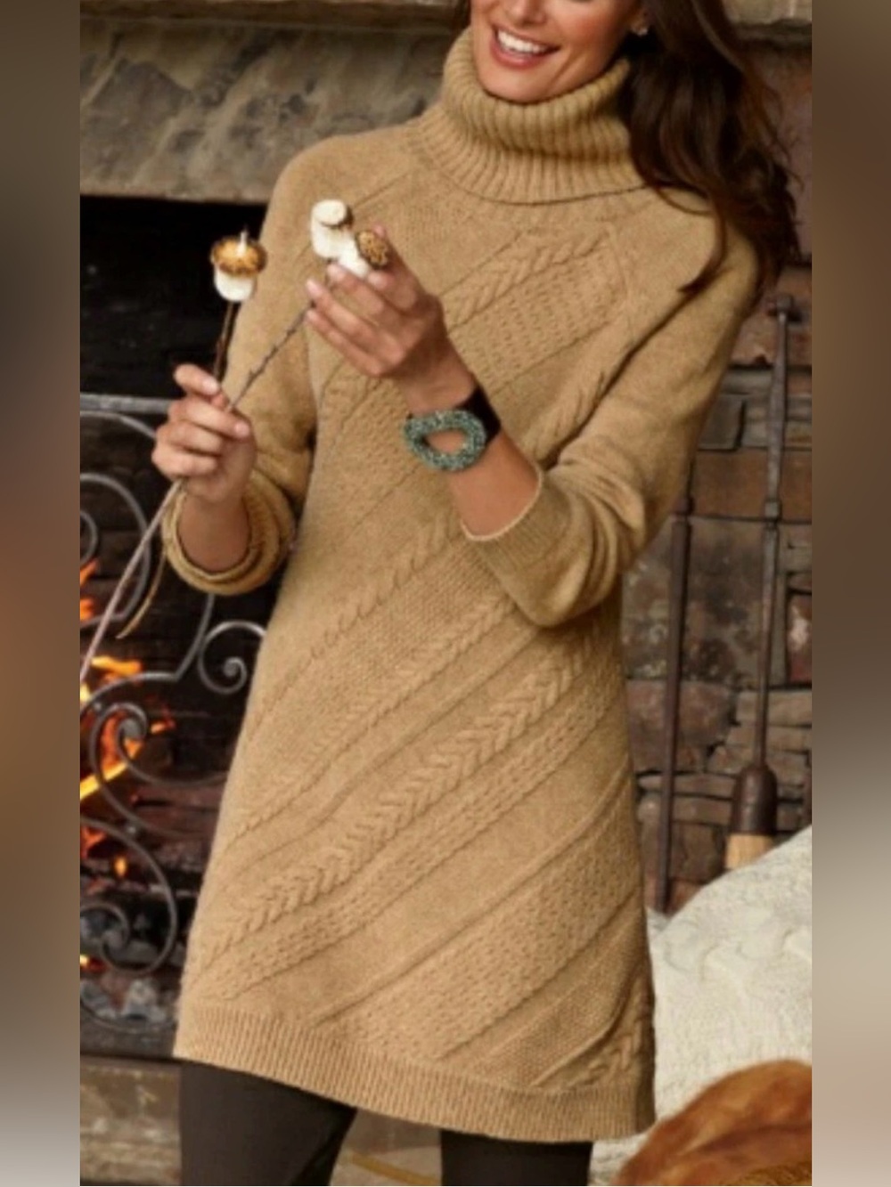 Soft Surroundings Camel Sweater Dress Cable Knit Turtleneck Wool Blend Small